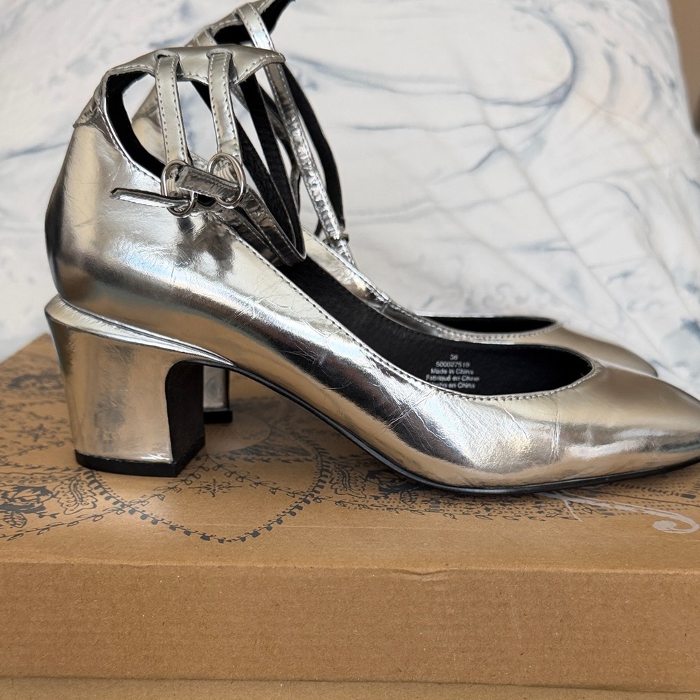 Free People Silver Heels with Ankle Strap
